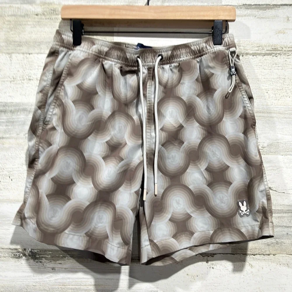 Psycho Bunny Swim Trunks Men Size S Brown Retro Wavy Pattern Beachwear *Flawed